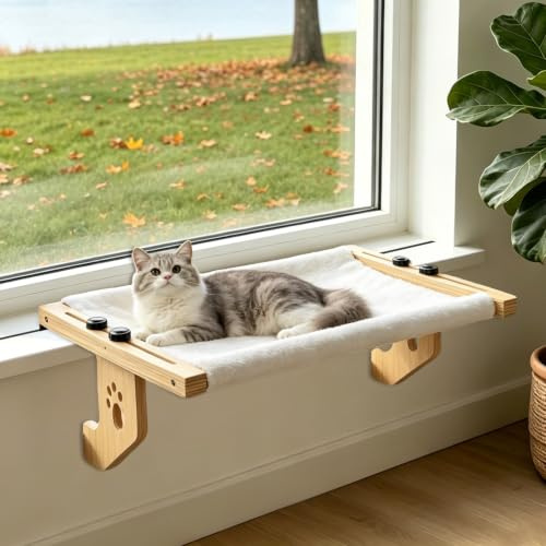 Heating Lounger Hanging Cat Hammock, Cat Window Lounger & Cat Bed Hanging, Removable Reversible Cover, Sturdy Cat Lounger, Soft, up to 15 kg, for Balcony & Indoor, 50 × 38 × 16.5 cm