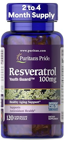 Puritan's Pride Premium Resveratrol Youth Guard™ 100mg, Dietary Supplement for Immune System, Antioxidant, Sugar Metabolism, Blood Flow, and Vascular Function Support, 120 Rapid Release Softgels