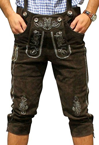 Pantaloni in vera pelle per costume regionale, con laccetto al ginocchio, taglia 48 – 50 – 52 – 54 – 56 – 58 – 60 – 62, marrone scuro Dunkelbraun 50