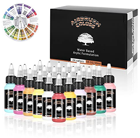 SAGUDIO Airbrush Acrylic Paint 24 x 30ml Basic Colors with Color Wheel Ready to Airbrush, Water Based Painting for Model, Shoes, Leather, Wall and Glass