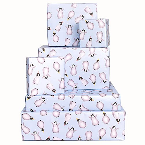 6 hojas de papel de regalo de cumpleaños - pingüinos en sombreros de fiesta - papel de regalo azul - para niños, niñas, hombres - sostenible - reciclable - celebración del nuevo bebé - de Central 23