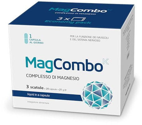 MagCombo, puro magnesio concentrato, in soluzione oleosa (speciale) per il massimo assorbimento, arricchito con vitamine B2, B6, B12 e C, 1 capsula al giorno (3 Pezzi) (60 unità (Confezione da 1))
