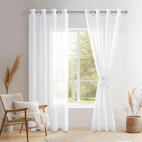 DWCN Tende per Interni in Voile con Fermatenda per Salotto Eleganti Tende Trasparenti con Occhielli Morbidi Finestre 2 Pannelli, 132x210 CM, Bianco