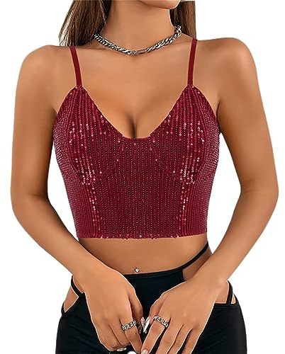 Naimo Top Donna con Paillette e Glitzer, Crop, Senza Maniche, Scollo a V, Canotta, Weste, Blusa per Party Rave, Colore: rosso, S