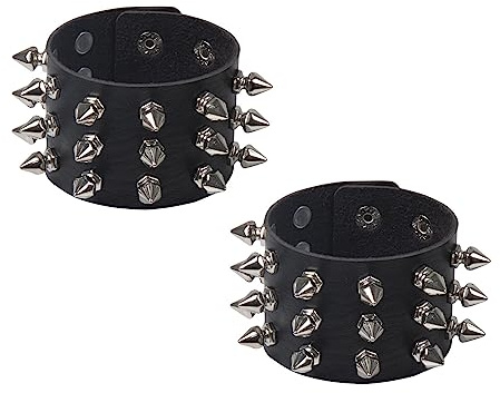 Fuqimanman2020 2pcs Punk Leather Spike Rivet Bracelets Set Faux Studded Cuff Bangle Goth Black Wristband Strap for Men Women Biker Halloween Party Deco Jewelry-2pcs B