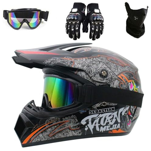 Casque de Motocross Convient Enfants Approuvé par Le Dot Casque de Cross pour EnfantCasque Downhill pour Enfants Casque Intégral Moto Cross VTT avec Lunettes Gants(F6,L(56-57cm))