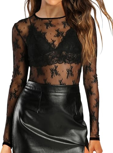 IECCP T-Shirt Transparent Femme Sexy en Dentelle Florale, Haut en Mesh Clubwear Imprimé Dentelle Noire M