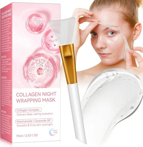 Collagen Night Wrapping Masque, Peel Off Collagène Masque pour le visage, hydratation profonde, réduit les rides et améliore l'élasticité de la peau, pinceau inclus, 75 ml