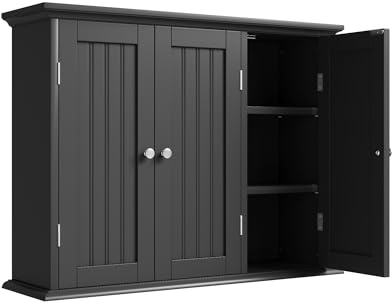 ChooChoo Bathroom Wall Cabinet with 3 Doors, Laundry Cabinet Wall Mounted, Medicine Cabinet with Adjustable Shelves, Hanging Kitchen Cupboard Organizer, Black