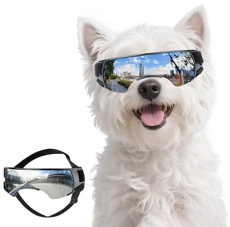 PETLESO Small Dog Goggles, Anti-UV Dog Sunglasses for Outdoor Driving Cycling Riding Hiking, Windproof Dustproof Snowproof Eye Protection, Pet Eye Wear with Adjustable Strap, Silver