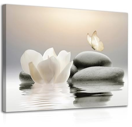 Dazzlewall Framed Zen Canvas Wall Art White Lotus Flower Prints, Peaceful Stone Butterfly Breathe Picture for Bathroom Yoga Spa Bedroom Living Room Decor 12×16 in