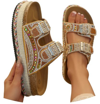 2027 Mules - Zuecos brillantes para mujer, sandalias coloridas con plataforma de diamantes de imitación, zapatos de playa cómodos