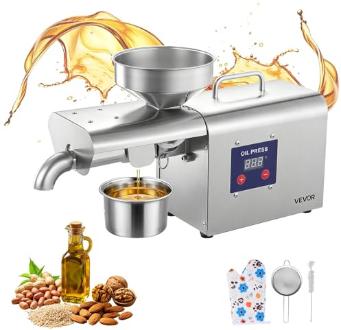 VEVOR Macchina Pressa Elettrica Spremitura dell'Olio, Estrattore Automatico Frantoio per Olio 3,75 kg/h Pressatura a Caldo 50 °C-300 °C, Estrazione Semi Arachidi Sesamo Mandorle, Acciaio Inox