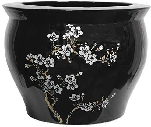 Classic Japanese Chinese Asian Ceramic Planter - 14 Plum Blossoms on Black Porcelain Pottery Fishbowl Jardiniere