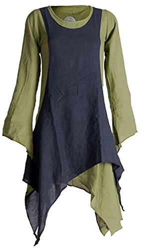 Vishes - Alternative Bekleidung - Langärmliges Zipfeliges Lagenlook Kleid/Tunika aus handgewebter Baumwolle Olive-schwarz 34