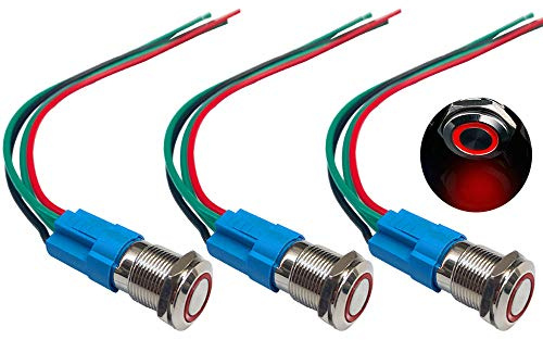 QitinDasen 3Pcs Premium 12V / 24V 3A Interruttore a Pulsante Momentaneo, 12mm Interruttore a Pulsante in Metallo con LED Rosso, Interruttore Avviamento Auto in Acciaio Inossidabile impermeabile