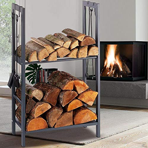BAKAJI Porte-bois vertical support étagère en métal, porte bois, 2 étagères, intérieur extérieur, bois, maison, jardin, pour cheminée, cheminée, poêle, design moderne (100 x 60 x 30 cm)