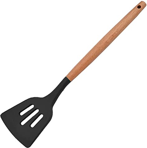 BRIIEC 1pcs Black Silicone Wok Spatula Slotted Turner,Heat Resistant Nonstick Rubber Spatula Silicone Stir Fry Turner for Flipping Eggs,Crepes