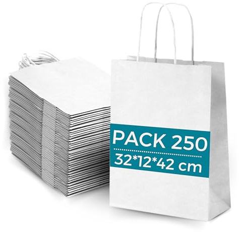 Lot 250 Sacs Papier Kraft Blanc avec Anses 32x12x42cm - Sac pour Shopping Cadeaux Mariages