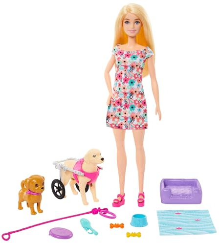 Barbie Hundeduo Puppe und Zubehör, inklusive Hündchen und großem Hund mit Rollstuhl, Leine, Fressnapf, Tierbett und Knochenleckerlis, für Kinder ab 3 Jahren, HTK37