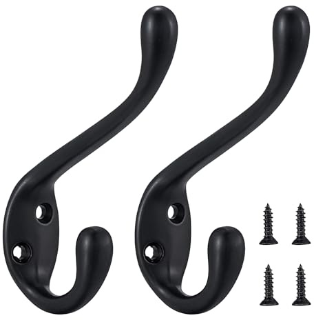 Jukzi Coat Hooks 5 Pack - Heavy Duty Wall Mounted Two Prongs Double Hooks Matte Black Door Hooks for Hanging Clothes/Towels - Sturdiness Design with Better Mounting System