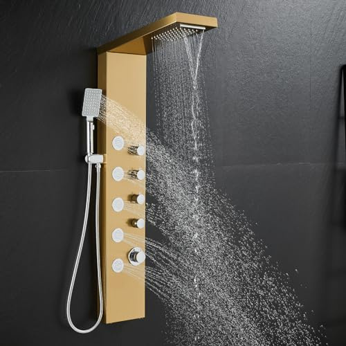 OUGOO Shower Panel Tower System with Rainfall & Waterfall Shower, 5 Body Jets, 3-Function Handheld, 304 Stainless Steel Shower Tower Column, Gold
