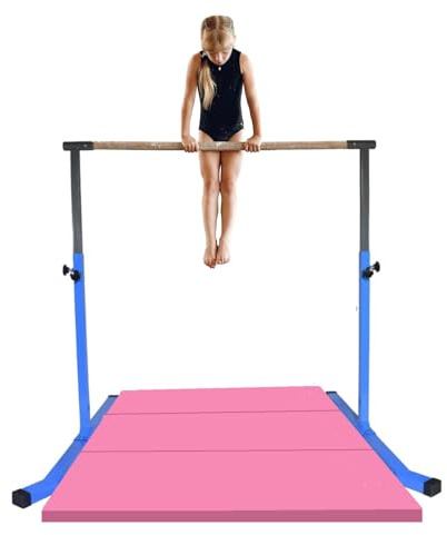Athletic Bar Gymnastics Bar for Kids with 6 FT x 4 FT Tumble Mat, Adjustable Professional Horizontal Kip Bar Gymnast High Bars Home Gym Heavy Duty Gymnastics Equipment Training Bar (Blue)