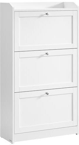 VASAGLE Schuhschrank 3 Klappen, Schuhkipper, Schuhregal, Schuhaufbewahrung, Oberplatte, Trennwand verstellbar, für bis zu 18 Paar Schuhe, Flur, 24 x 60 x 108 cm, wolkenweiß LBC036W01