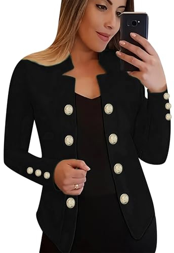 EFOFEI Damen Casual Langarm-Bürojacke Doppelreihig Knopf Blazer Revers Open Front Anzug Mantel Schwarz S