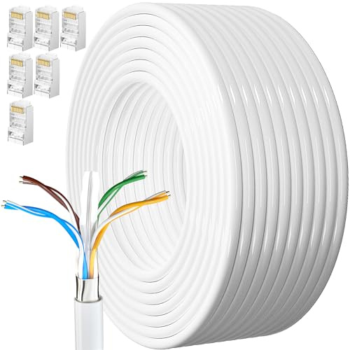 MEIPEK Cable Ethernet 25m, Rj45 Blindé Cat 6 Gigabit Haut Débit Câble Réseau FTP 23AWG CCA LAN Internet Blanc 25 Mètres Fil Ethernet pour Modem Routeur