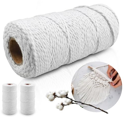 Rongxze Pack of 3 Cotton Cord, 2 mm White Cord Decorative Cord, Macrame Yarn for DIY Crafts, Christmas Decoration, Home Decoration and Gardening (100 m)