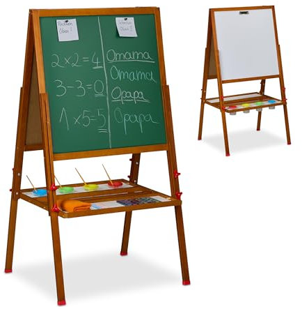 Relaxdays Lavagna per Bambini, Cavalletto, Lavagnetta Bianca Magnetica, Ardesia con Gessetti, 122-160x65x69 cm, Marrone, Fibra di Legno