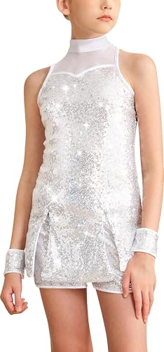 Mulnall Filles Sequin Danse Costume Enfants Glitter Danse robe Poitrine Maille Sans Manches Tops et Shorts Jazz Hip Hop Latin Glitter Costume(0437-07-XL)