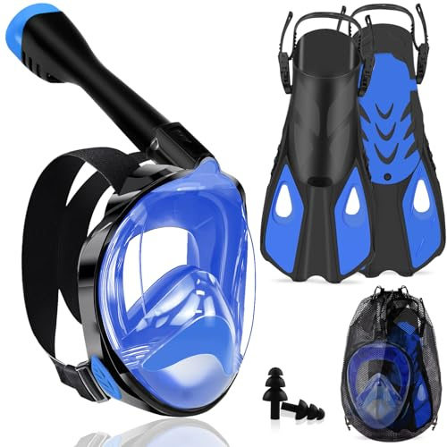 Joellfuner Set da Snorkeling per Adulti, Maschera Subacquea Integrale, 180° Visuale Panoramica, Anti-Appannamento e Anti-perdite, Pinne Regolabili, Adatto alle Immersioni e al Nuoto (Blu, S/M)