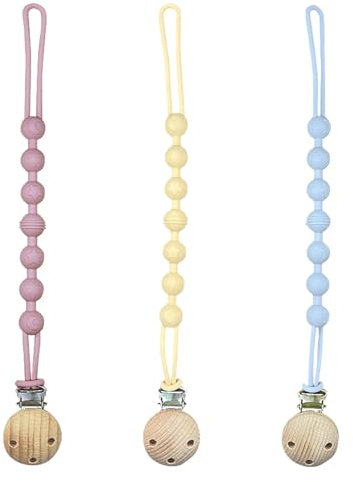 3pcs Dummy Clips, Silicone Pacifier Clips One-Piece Soother Chains Soft Flexible Soother Clips Wooden Design for Boys and Girls Pacifier Holder Clips Fits for Most Types of Pacifiers or Teething Toys
