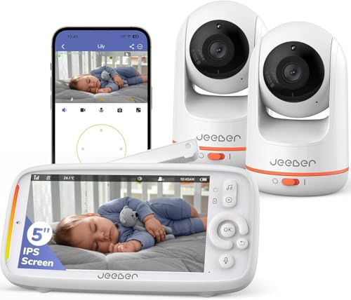 jeeber 2K/3MP Camara Vigilancia Bebe con 2 Camaras con App Movil, 5 IPS Pantalla, Rotación de 360 ​​Grados, Visión Nocturna, Detección Inteligente de llanto, Área de Seguridad Personalizada