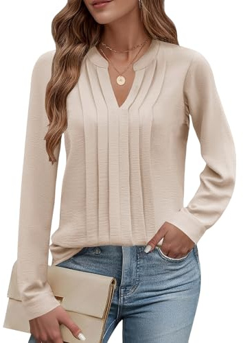Cuptacc Camiseta Manga Larga Mujer Elegante Cuello en V Blusas Mujer Casual Color Sólido Básico Top Albaricoque, Small S 36