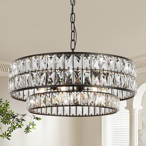 WELAKI 6-Light Black Crystal 20 Drum Semi-Flush Mount Ceiling Chandelier