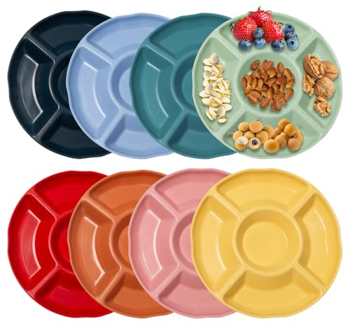 Rebanky 8 snackstallrikar, 5 fack, Snackteller färger, 23 cm | Återanvändbara snacksbrickor för torkad frukt, godis, desserter och frukt; separata sektioner