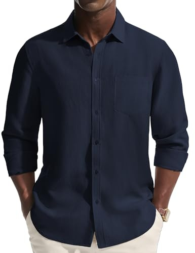 PJ PAUL JONES Men's Casual Button Down Shirts Long Sleeve Linen Beach Wedding Untucked Dress Shirt Summer Vacation Shirt Navy
