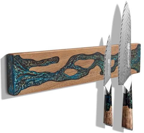 FINDKING Magnetic Knife Strip for Wall, Solid Acacia Wood with Mineral Blue Resin Inlay, Wall-Mounted Knife Holder with Strong Magnetic Hold, No-Drill Adhesive Mount (16 Inch)
