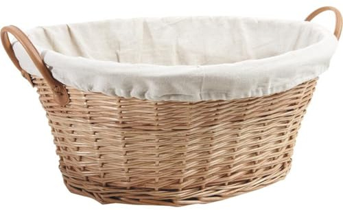 AUBRY GASPARD - Corbeille à Linge Ovale en Osier Clair - Doublure Coton - Poignées en Polyuréthane - Longueur 52 cm x Largeur 45 cm x Hauteur 23 cm - Rangement Pratique et Élégant - Coloris Écru