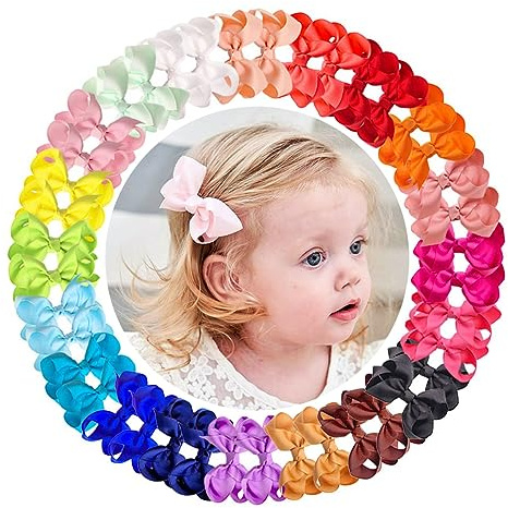 JOYOYO 40 Pcs Little Girls Hair Bow Clips Medium Size 3 Inch - Handmade Grosgrain Ribbon Hair Bows and Clips for Toddlers