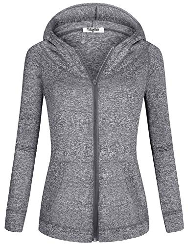 Hibelle Hoodys for Women Zipper, Womans Full Zipped Up Long Sleeve High Neck Moisture Sweat Wicking Trendy Running Jackets with Hoodie Kangaroo Pockets Sweatshirt Space Dye Gray Large