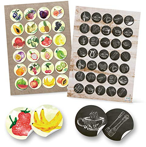 Logbuch-Verlag Küchen Sticker Set 24 bunte Obst Aufkleber Ø 4 cm + 35 Küchensticker schwarz weiß Ø 3 cm Haushaltsetiketten Kochen Rezeptbuch Sticker