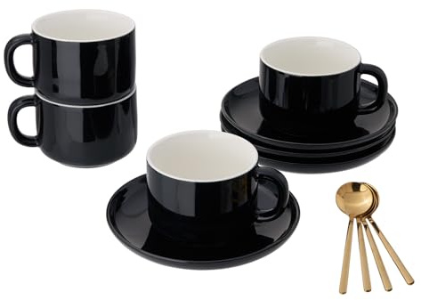 CHILDIKE 8oz Cappuccino Cups Set of 4, Ceramic Coffee Cups and Saucers Set with Spoons, Black Durable Coffee Cups for Cappuccino Espresso Latte Mocha Au Lait Macchiato Cafe