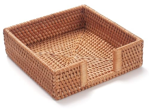 YANGQIHOME Square Rattan Napkin Rack, 7.5 x 7.5 x 2.5 Inch, Woven Wicker Napkin Tray for Restaurant Kitchen Bathroom Table
