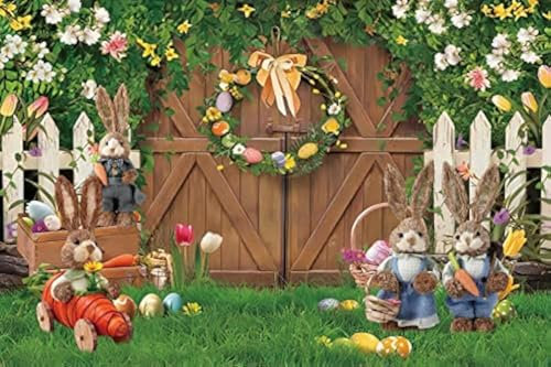 Renaiss 1.8x1.2m Printemps Pâques Toile de Fond pour la Photographie Porte en Bois Herbe Fleurs Oeufs de Pâques Lapin Lapin Fond Fête Décoration Bébé Enfants Portrait Photo Booth Props