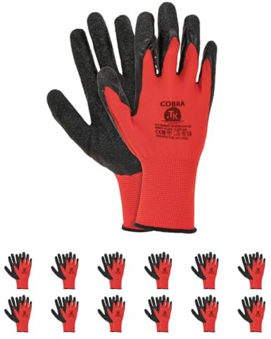 TK Gloves Cobra Gants de Travail/Taille 11 12 Paires/Rouge Noir Gants de montage/Gants de Protection Tricoté Revêtement en Latex Noir Raulatex/Polyester Gant de Protection