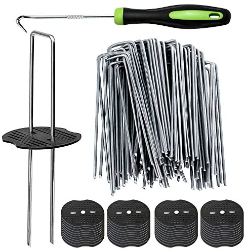 Bakulyor 150 Weed Control Membrane Pegs + 150 Buffer Washer, 6/150mm Metal Garden Landscape Staples, Artificial Grass Pins, Ground Cover Mossing Fabric Barrier Accessories